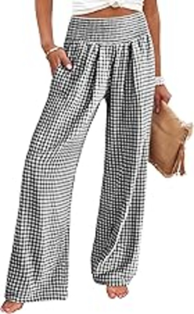 ANRABESS Womens Palazzo Pants, Striped & Gingham, Lounge & Casual, Cute Pajama Pants, Wide Leg, High Waisted, Pockets