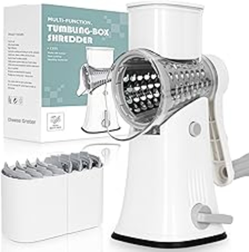 Nexsujo 5-in-1 Rotary Cheese Grater Hand Crank, Vegetable Slicer Shredder with 5 Interchangeable Blades, Graters for Kitchen, Safe Kitchen Tool for Cheese, Nuts, Chocolate, White