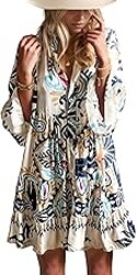 Opemiby Summer Dresses for Women 2026 Flowy Ruffle 3/4 Sleeve V Neck Tiered Casual Babydoll Boho Beach Mini Dress