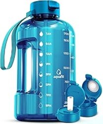AQUAFIT 64 oz Water Bottle with Time Marker - Straw & Chug Lid - BPA Free Half Gallon Gym Water Bottle with Handle - Big Gallon Jug (Aqua, 64 Ounces)