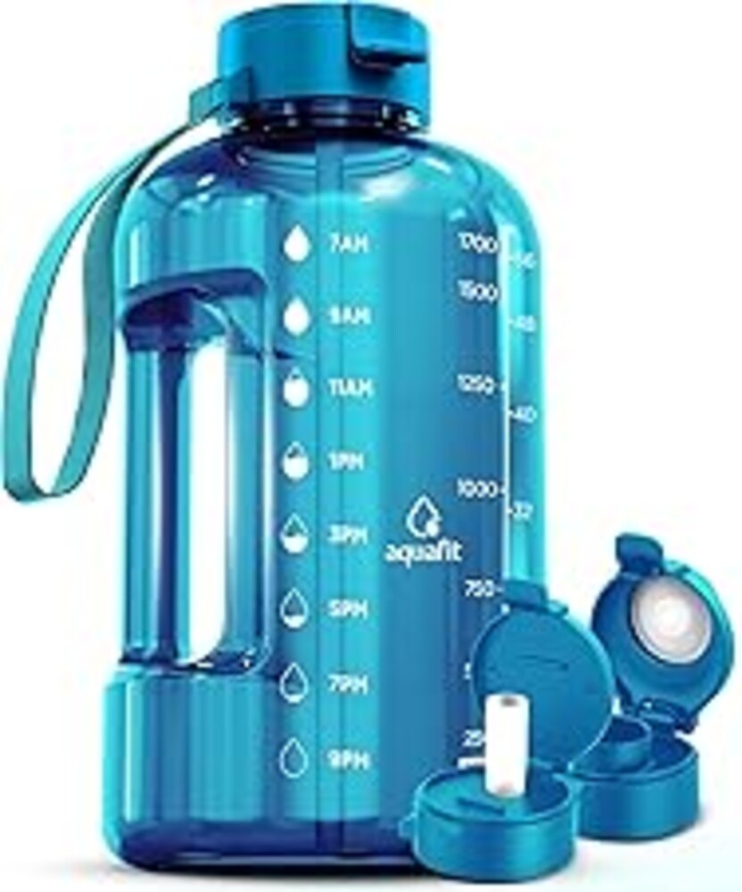 AQUAFIT 64 oz Water Bottle with Time Marker - Straw & Chug Lid - BPA Free Half Gallon Gym Water Bottle with Handle - Big Gallon Jug (Aqua, 64 Ounces)