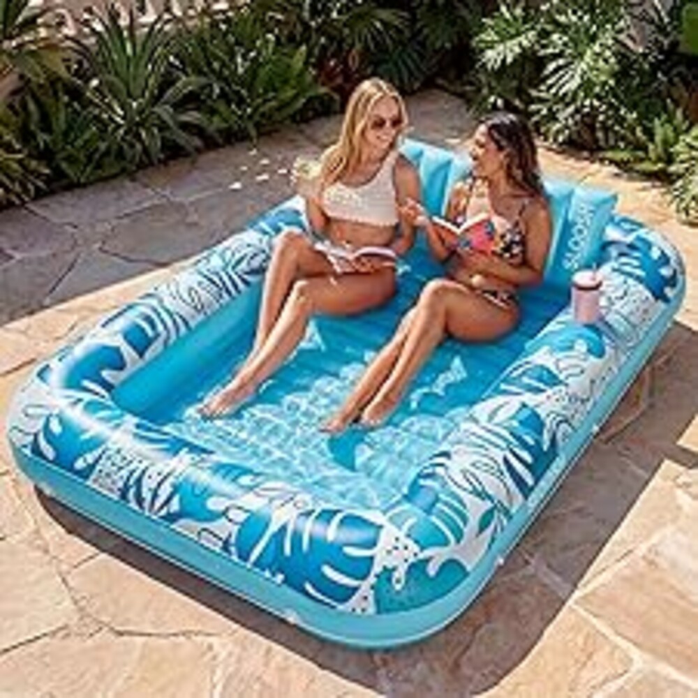 SLOOSH Inflatable Tanning Pool Lounger Float, 85" x 57" Extra Large Pool Floats Adult with Pillow, 4 in 1 Suntan Tub Raft Floatie,Sunbathing Bed Lounge for Water Blow Up Ball Pit Party Gifts, XL-Blue