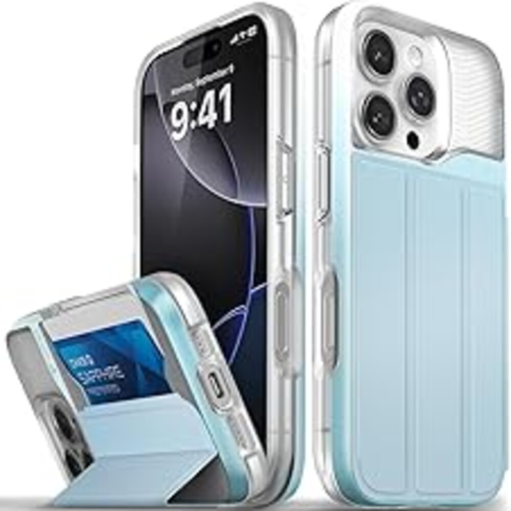 VENA vCommute for iPhone 16 Pro Wallet Case, [Military Grade Drop Protection] Flip Leather Cover Slot Card Holder with Kickstand - Pastel Blue