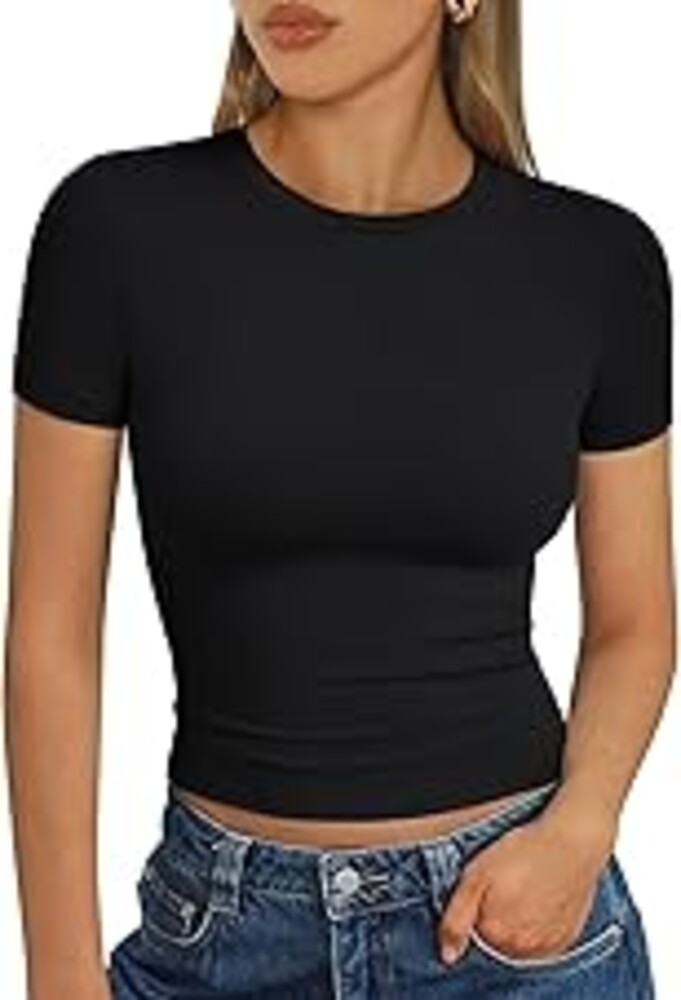 Trendy Queen Womens Short Sleeve T Shirts - Buttery Soft Summer Crop Tops Slim Fit Y2k Basic Tees for Workout