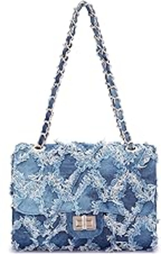 JULIE FERRARO Women Small Shoulder Bags Quilted Crossbody Distressed Jean Denim Purse Evening Bag Clutch Handbag | Distressed Denim, Chic Chain Strap, Secure Twist-Lock, Multiple Pockets, Versatile Wear
