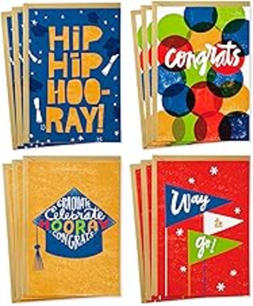 Hallmark Graduation Cards Assortment (12 Cards with Envelopes, 4 Designs) Congrats, Way to Go, Hip Hip Hooray, Grad Cap