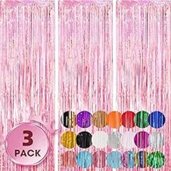 Voircoloria 3 Pack 3.3x8.2 Feet Laser Pink Foil Fringe Backdrop Curtains, Tinsel Streamers Birthday Party Decorations, Fringe Backdrop for Graduation, Baby Shower, Gender Reveal, Disco Party