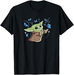 Star Wars The Mandalorian Grogu with Blue Butterflies Cute T-Shirt