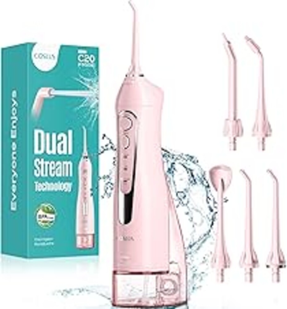 COSLUS Water Dental Flosser Teeth Pick C20: ADA Accepted, Portable Cordless Oral Irrigator 300ML Rechargeable Travel Irrigation Cleaner IPX7 Waterproof Electric Flossing Machine for Teeth, Pink