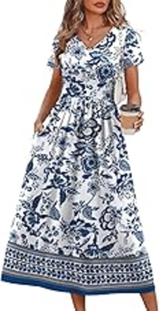 OFEEFAN Summer Dresses for Women Flowy Casual A-Line Midi Dress Beach Vacation Sundresses with Pockets S-2XL