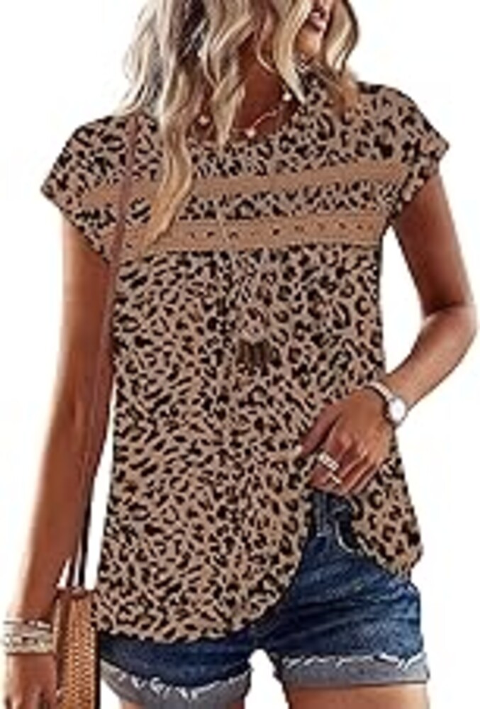 WIHOLL Womens Summer Tops Trendy 2026 Lace Crochet Cap Short Sleeve Shirts Crew Neck T Shirts Casual Loose Blouses