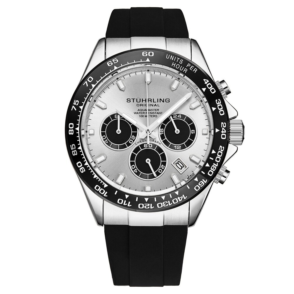 Stuhrling Aquamaster Quartz Chronograph Watch Silver Dial Screw Down Crown Luminous Hands, Ceramic Bezel, Black Rubber Band for Men 42mm Case Date Water Resistance