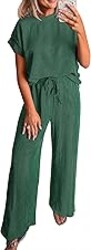 KIRUNDO 2 Piece Sets for Women Dressy Casual Ribbed Knit Short Sleeve Tops Wide Leg Pants Lounge Set Travel Airport Outfits