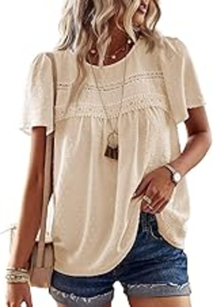 Falechay Womens Summer Tops Crewneck Short Sleeve Shirts Casual Chiffon Blouses Flowy Lace Hem Boho Clothing Trendy 2026