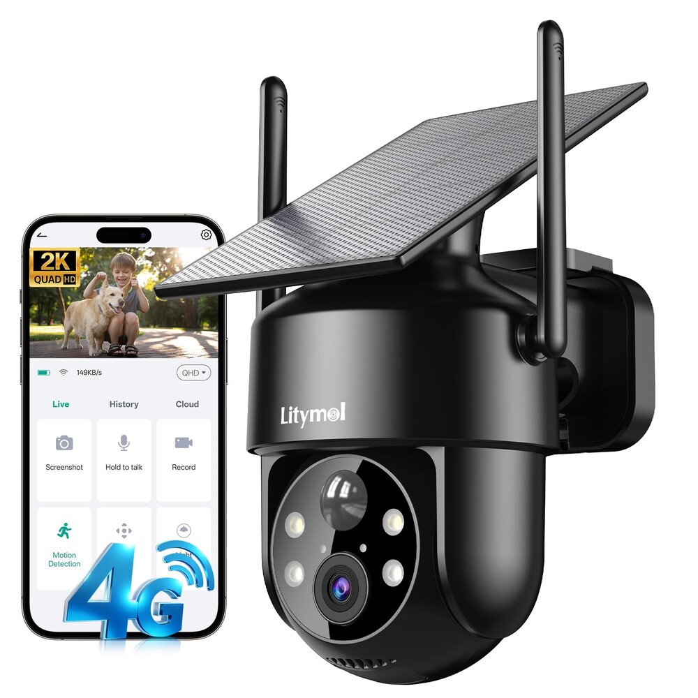 LITYMOL 4G LTE Cellular Solar Security Cameras Wireless Outdoor,No WiFi Cameras for Home Security,2K Surveillance Camera Lenses,Spotlight Siren Alarm,AI Detection,SD/Cloud Storage, Wire-Free