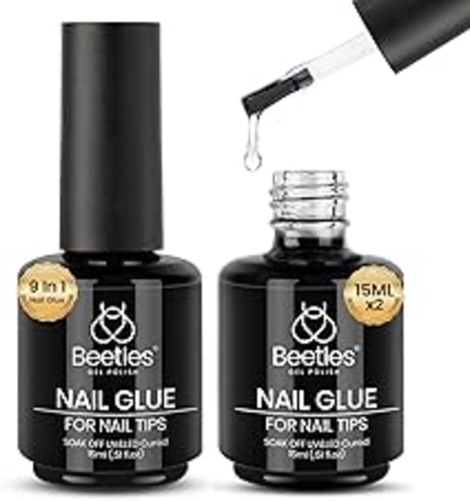 beetles Gel Polish 9 In 1 Gel Nail Glue for Clear Acrylic Nail Tips 2 Pcs 15ml Long Lasting Nail Gel Kit for False Nails Tips, Base Blooming Nail Gel, U V Light Required, Gift for Women