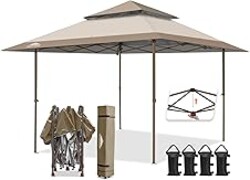 EAGLE PEAK 13x13 Pop Up Canopy Tent, Auto Extended Eaves, Beige | Easy Setup, Heavy Duty Outdoor Canopy Tent, Pop Up Gazebo for Backyard, Patio, Camping & Parties, Wheeled Carry Bag, UPF 50+