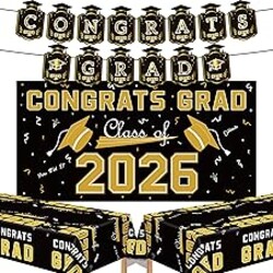 Graduation Decorations 2026 - Black Gold Congrats Grad Banner Backdrop Tablecloth Set - Graduation Decorations Class of 2026 | Graduation Party Favors Supplies
