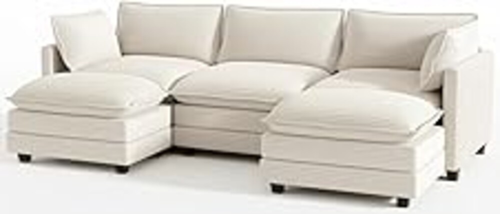 112'' Sectional Modular Cloud Couch, Oversized 5 Seat Couches U Shaped Sofa with 2 Movable Ottomans, 2 Throw Pillows, Upholstered Corduroy U Shape Comfy Deep Couches for Living Room and Office, Beige