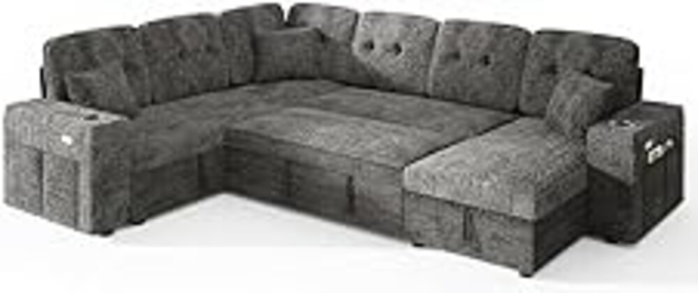 Bonroyo Modular Sectional Sleeper Sofa with Pull Out Bed, 108 Inch U Shaped 7 Seat Couches for Living Room, Chenille Fabric Cloud Couch Bed with Storage & Reclining Backrest, USB Charging, Grey