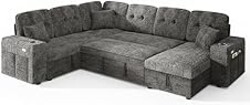 Bonroyo Modular Sectional Sleeper Sofa with Pull Out Bed, 108 Inch U Shaped 7 Seat Couches for Living Room, Chenille Fabric Cloud Couch Bed with Storage & Reclining Backrest, USB Charging, Grey