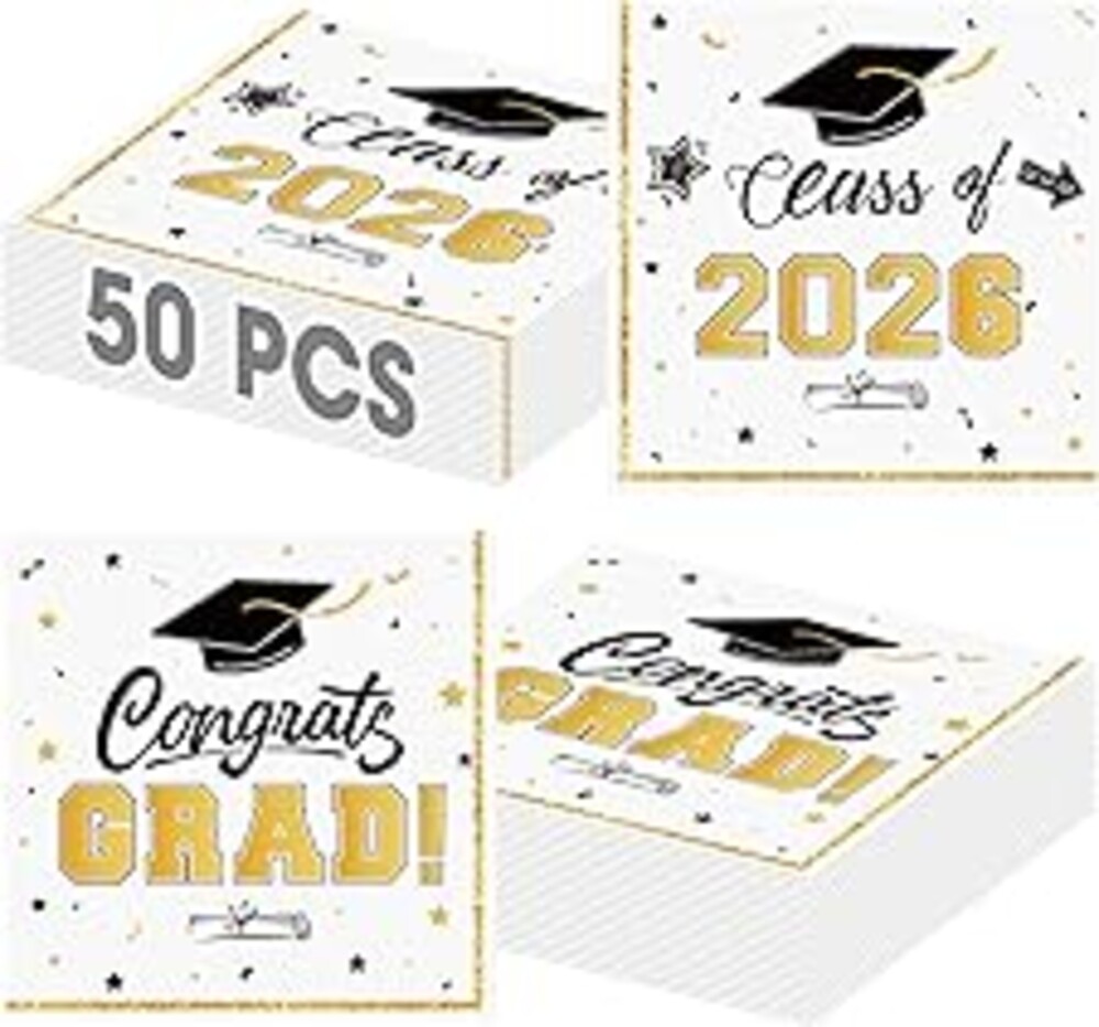 50 Pcs Graduation Napkins Decorations - White Gold Class of 2026 Congrats GRAD 3-Ply Paper Cocktail Dinner Napkins Set for 2026 Graduation Party Supplies Table Decor Favors, 6.5 x 6.5 Inch