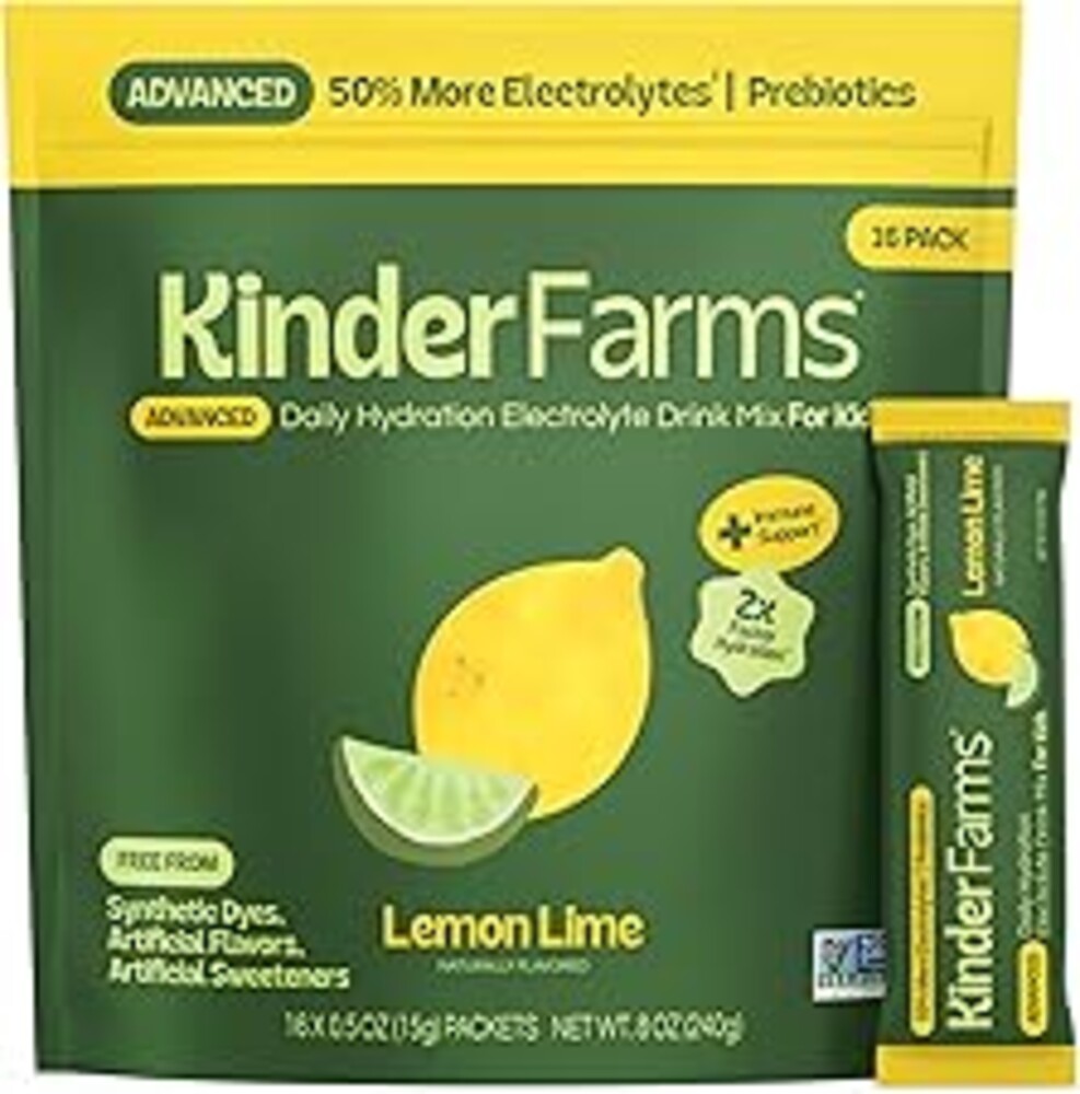 KinderFarms Kids Advanced Electrolyte Powder – Drink Mix Packets (Lemon Lime, 16 Count), No Artificial Dyes, Sweeteners or Flavors - Vegan, Non-GMO, Gluten-Free, FSA-HSA