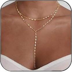 Fwlisesa Gold Necklace for Women, Dainty Gold Long Necklaces 14k Gold Plated Prom Lariat Necklace Cute Choker Necklaces for Women Trendy Stuff Fashion Costume Gold Accessories Christmas Jewelry Gifts