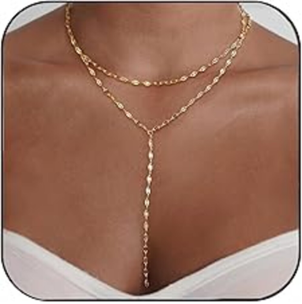Fwlisesa Gold Necklace for Women, Dainty Gold Long Necklaces 14k Gold Plated Prom Lariat Necklace Cute Choker Necklaces for Women Trendy Stuff Fashion Costume Gold Accessories Christmas Jewelry Gifts