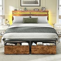 Forestell Full Size Bed Frame with Wood Headboard, Metal Platform Bed with 2 Storage Drawers & Shelf, Built in Charging Station & LED Lights, No Box Spring Needed, Vintage Brown, Camas Full
