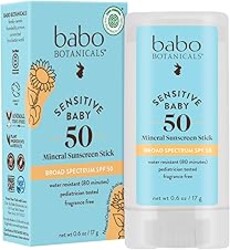 BABO Botanicals Sensitive Baby Mineral Sunscreen Stick SPF 50-70% Organic Ingredients - Zinc Oxide - NSF & Made Safe Certified - EWG Verified - Water Resistant - Fragrance-Free - for Babies & Kids