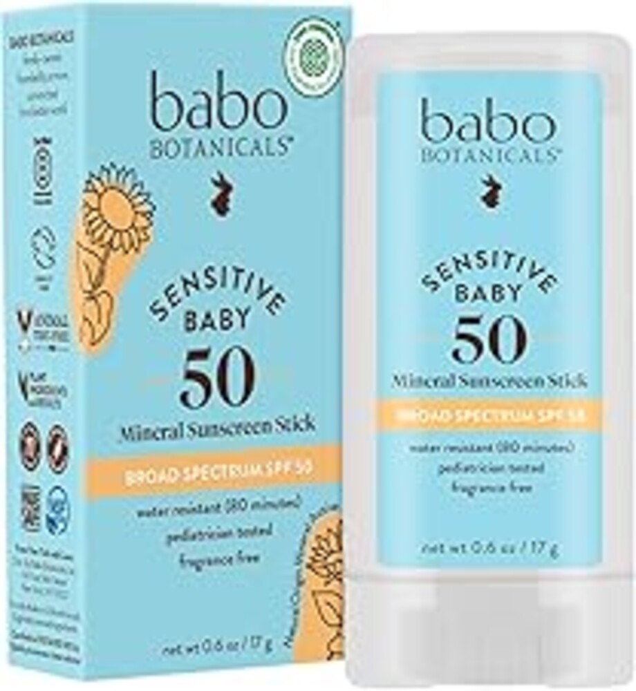 BABO Botanicals Sensitive Baby Mineral Sunscreen Stick SPF 50-70% Organic Ingredients - Zinc Oxide - NSF & Made Safe Certified - EWG Verified - Water Resistant - Fragrance-Free - for Babies & Kids