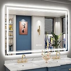 AWANDEE 60x40 LED Bathroom Mirror with Lights, Backlit and Front Lit Anti-Fog Lighted Vanity Mirrors for Bathroom Wall, Dimmable, 3-Color Light, Memory, Shatter-Proof, HD Tempered Glass, CRI＞90