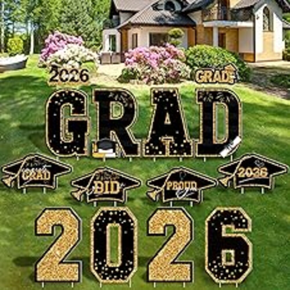 14PCS Graduation Yard Signs Class of 2026, Black Gold Graduation Decorations, Class of 2026 Yard Signs with Stakes, Graduation Party Decorations Outdoor, Graduation Yard Decor for College High School