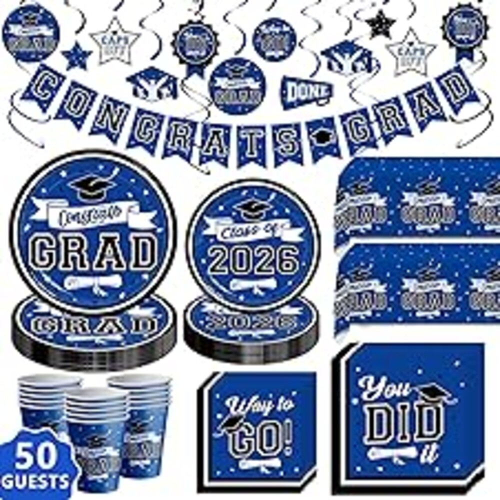 DAZONGE Graduation Decorations 2026 Blue, 265pcs Graduation Party Decorations 2026, Disposable Tableware Set for 50 Guests, Plates, Cups, Tablecloth with Congrats Grad Hanging Decor