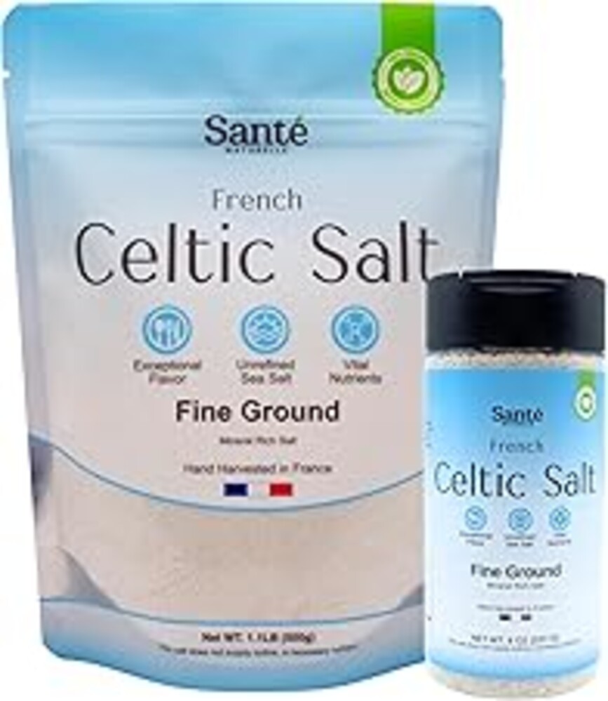 Sante Naturelle Celtic Salt Organic Fine Ground Bundle – 8oz Shaker & 1.1lb (18oz) Bag – Unrefined Organic French Mineral Sea Salt, Natural & Hand Harvested Sal Celtica