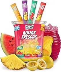 Klass Aguas Frescas, Powdered Drink Mix Variety Pack, 44 Singles Zero Sugar & Caffeine-Free Powder Packets, Water Drink Mix, Flavors: Mango, Watermelon, Pineapple & Passionfruit - 5 Calories Per Packet & Natural Flavors