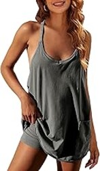 Zhiyouni Women's Summer Sleeveless Mini Dress V Neck Spaghetti Straps Athletic Built-in Shorts Sundress