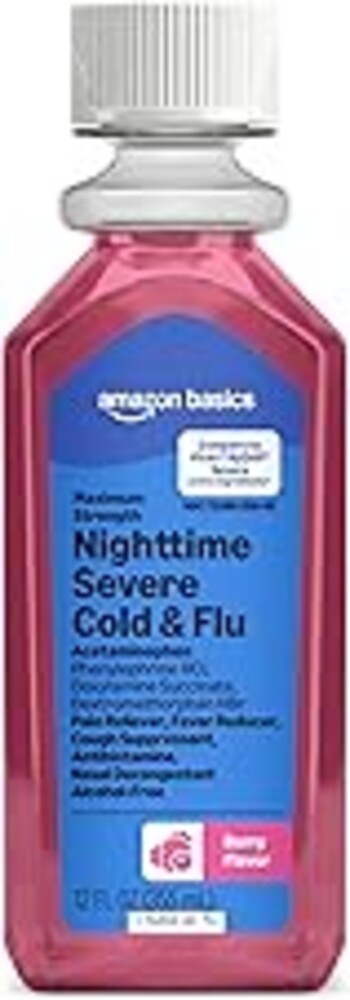 Amazon Basics Nighttime Severe Cold and Flu Syrup, Max Strength, Multi-Symptom Relief for Adults and Children 12 Years and Older, Berry Flavor, 12 fl oz (Previously Care)