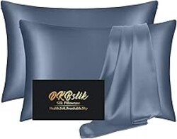 Silk Pillow Cases 2 Pack, Mulberry Silk Pillowcases Standard Set of 2, Soft, Smooth, Anti Acne, Beauty Sleep, Both Sides Natural Silk Satin Pillow Cases for Women 2 Pack with Zipper for Gift, Ash Blue