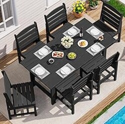 SERWALL Patio Dining Sets for 6 Person, HDPE Dining Set with 6 Armless Chairs, Black