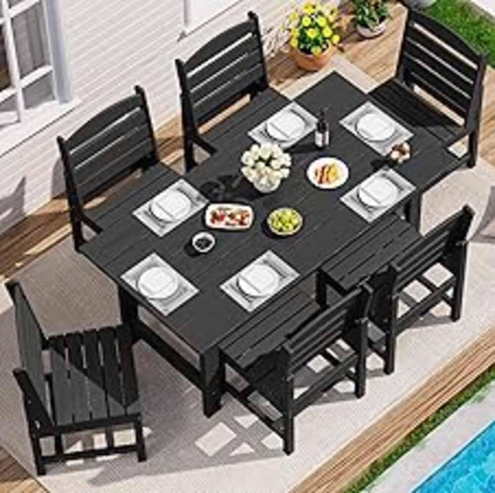 SERWALL Patio Dining Sets for 6 Person, HDPE Dining Set with 6 Armless Chairs, Black