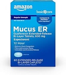 Amazon Basic Care Guaifenesin Extended-Release Bi-Layer Tablets, 600 mg, 12 Hour Expectorant for Chest Congestion and Mucus Relief, Cough Medicine, 60 Count