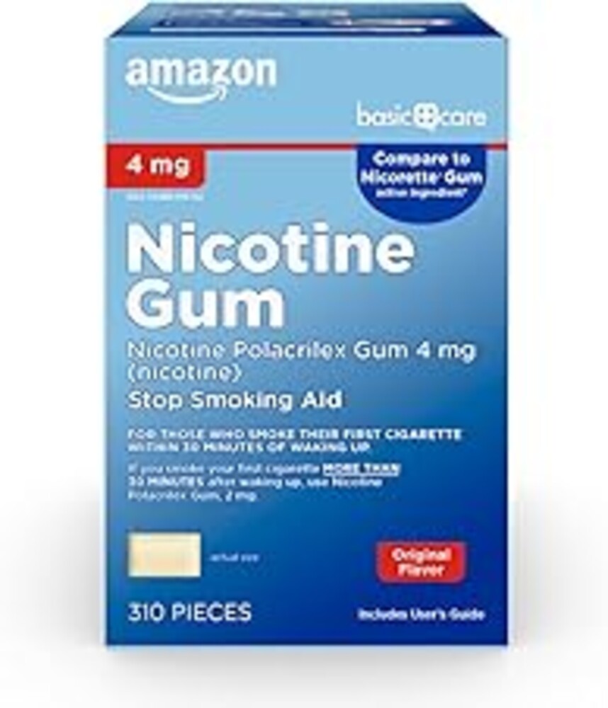 Amazon Basic Care Nicotine Polacrilex Uncoated Gum 4 mg, Original Flavor, Stop Smoking Aid, Reduces Withdrawal Symptoms and Nicotine Cravings, 310 Count