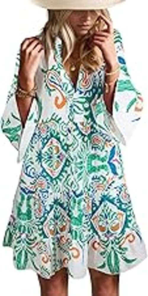 Opemiby Summer Dresses for Women 2026 Flowy Ruffle 3/4 Sleeve V Neck Tiered Casual Babydoll Boho Beach Mini Dress