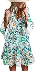 Opemiby Summer Dresses for Women 2026 Flowy Ruffle 3/4 Sleeve V Neck Tiered Casual Babydoll Boho Beach Mini Dress