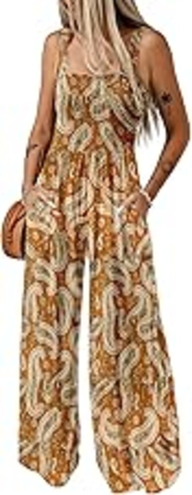 Dokotoo Women's Casual Loose Overalls Jumpsuits One Piece Sleeveless Printed Wide Leg Long Pant Rompers With Pockets