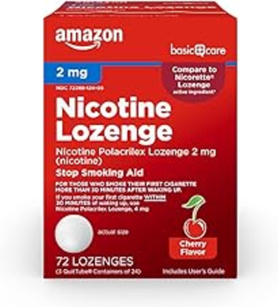 Amazon Basic Care Nicotine Polacrilex Lozenge, 2 mg (Nicotine), Cherry Flavor, Stop Smoking Aid, Reduces Cravings, Nicotine Replacement Therapy, 72 Count