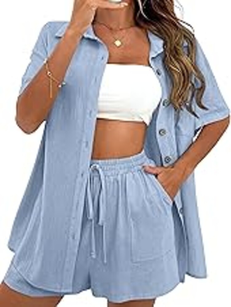 APAFES Women Summer Cotton Linen Short Sets 2 Piece Shorts Top Lounge Beach Vacation Two Piece Outfits Tracksuits
