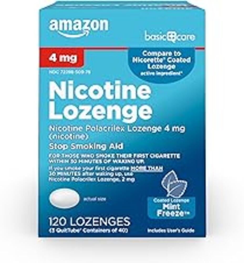 Amazon Basic Care Coated Ice Mint Nicotine Polacrilex Lozenges, 4 mg, Stop Smoking Aid, 120 Count
